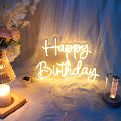 Miniatura 6 de YALLOVE Letrero de neón de feliz cumpleaños de 16 x 11.89 pulgadas, luz de neón blanca de feliz cumpleaños con estuche de batería, brillo ajustable