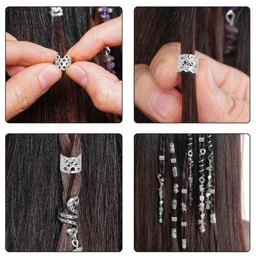 Miniatura 6 de hoyuwak - 40 accesorios para el cabello con piedra de cristal de color natural, dijes metálicos para el cabello, espirales de rastas plateadas