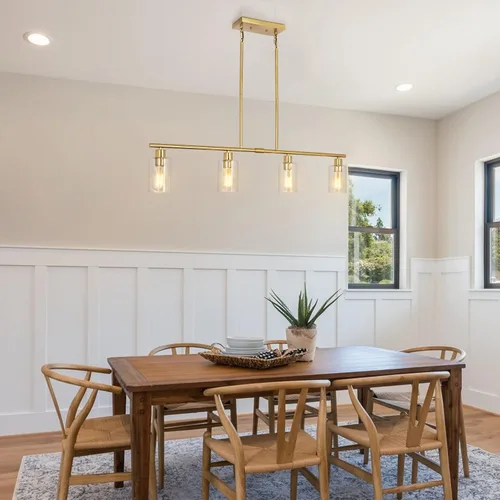 Miniatura 7 de Candelabro Moderno Dorado para Isla de Cocina de 4 Luces Latón Cepillado Lámpara Colgante Estilo Granja Industrial Accesorio de Iluminación