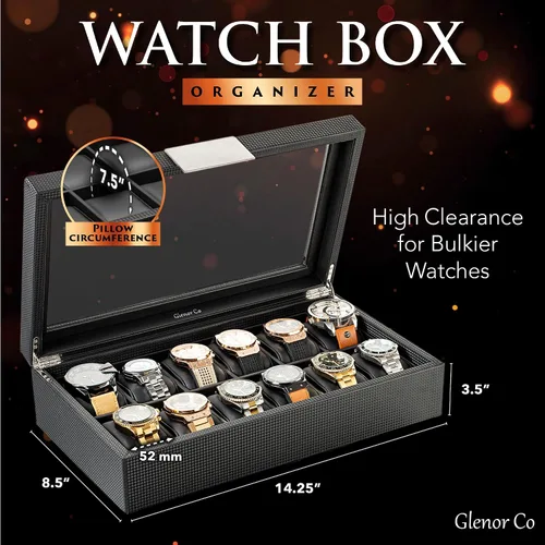Miniatura 2 de Caja para relojes para hombre - caja de exhibición de fibra de carbono de lujo con 12 ranuras, caja grande, hebilla de metal - negro
