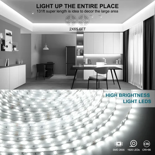 Miniatura 3 de Wefomey Tira de luces LED blancas, tira de luces LED regulables de 24 V de 131 pies, 6500 K, luz blanca brillante, cinta de luces flexibles