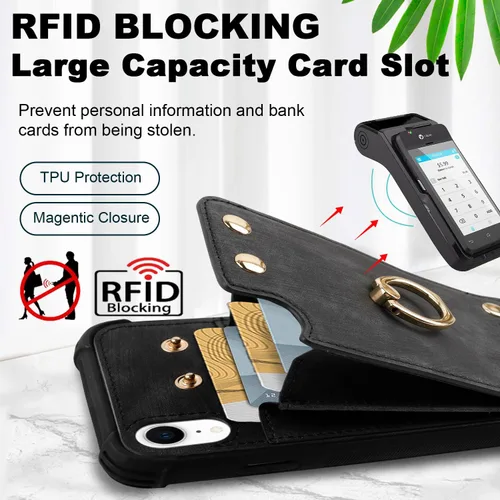Miniatura 3 de Funda tipo cartera compatible con iPhone XR/10R con tarjetero de crédito, funda protectora de cuero a prueba de golpes compatible con anillo