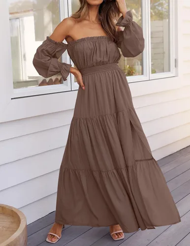 Miniatura 146 de ZESICA - Vestido largo, bohemio y sexy, con hombros descubiertos y manga larga fruncida, con elástico fruncido, cintura alta y abertura lateral