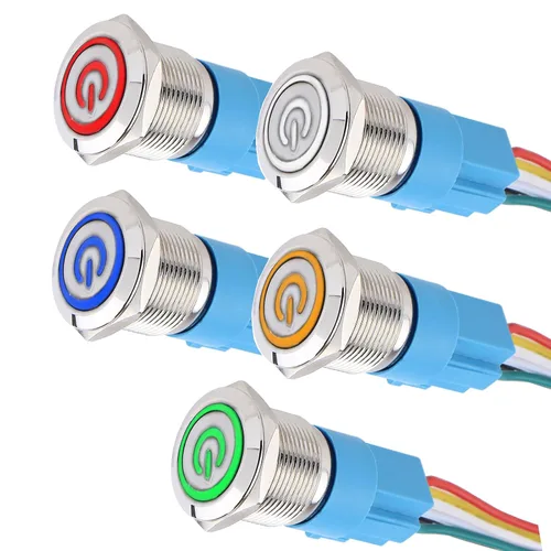 Miniatura 8 de 5 piezas de interruptor de botón de presión de cierre de metal de 16 mm impermeable, carcasa plateada, 12V-24V, 1NO 1NC, encendido/apagado