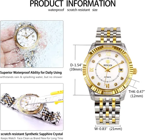 Miniatura 4 de BINLUN Reloj mecánico automático de oro para hombre, correa de cuerda automática respetuosa con la piel, chapado en oro de 18 quilates, relojes