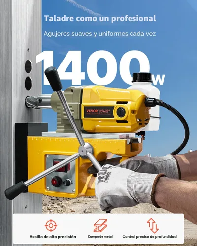 Miniatura 2 de VEVOR Taladro magnético, motor de 1400 W de diámetro de taladrado de 1.6 pulgadas, prensa eléctrica portátil de 2810 lbf, velocidad sin carga de 800