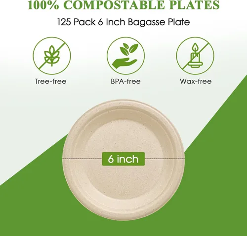Miniatura 5 de Vplus Paquete de 125 platos de papel de 6 pulgadas, 100% compostables, platos de papel desechables de alta resistencia, bagazo, natural