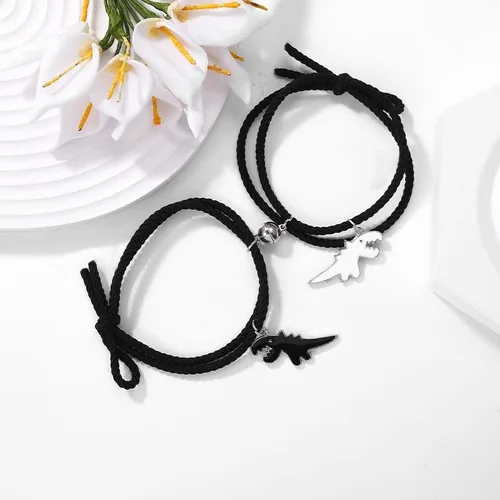 Miniatura 3 de Juego de 2 pulseras magnéticas de dinosaurio a juego con cuerda trenzada ajustable para mejor amigo, novio, novia, amante, amistad, joyería linda