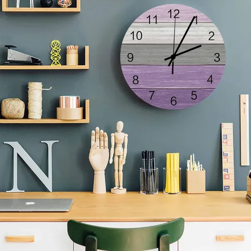 Miniatura 4 de Reloj de pared de madera púrpura de 12 pulgadas, silencioso, sin tictac, reloj de pared redondo, estilo campestre vintage, rayas grises y moradas