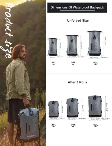Miniatura 4 de IDRYBAG Mochila impermeable para hombres 20L/30L/40L, bolsa seca flotante para kayak, mochila seca para senderismo Gris