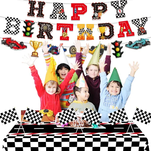 Miniatura 5 de Kit de decoración de fiesta de auto de carreras, pancarta de feliz cumpleaños, manteles para cumpleaños de coche de carreras o baby shower, 54 x 108