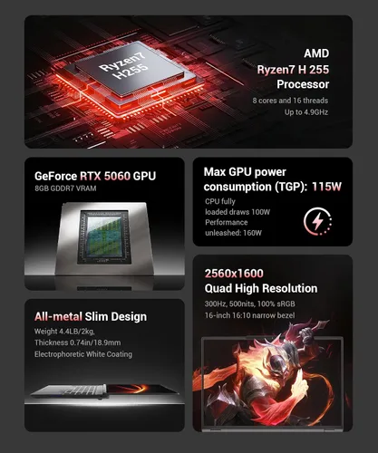 Miniatura 2 de Laptop para juegos RTX 5060, 2560x1600 16 pulgadas, 240Hz 2.5K QHD+, procesador AMD Ryzen 7 H 255 (8C/16T, 4.9GHz), 8GB GDDR7 VRAM, 16GB DDR5 512GB