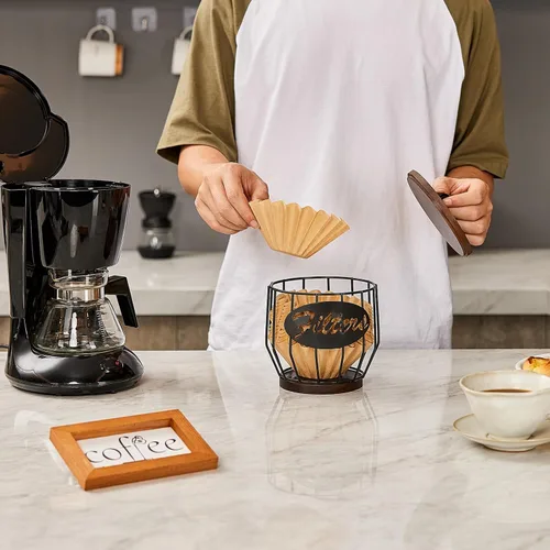 Miniatura 7 de Yangbaga Soporte para filtro de café con tapa de madera, cesta de almacenamiento de filtro de café de madera y metal para filtros de café de 2 a 4