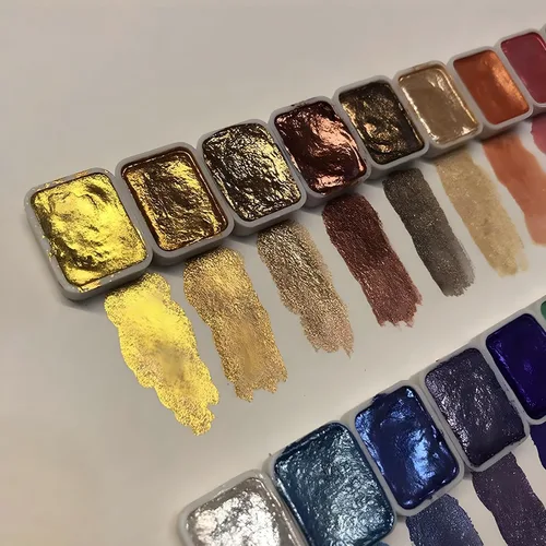 Miniatura 4 de Juego de pintura de acuarela metálica de 20 colores con purpurina, modelo metálico nacarado sólido, kit de arte de viaje para pintar sobre la marcha