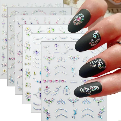 Miniatura 11 de 20 hojas de calcomanías de uñas 3D, diseño de oro/diamante, lujosas calcomanías de uñas autoadhesivas con relieve, calcomanías de uñas de flores