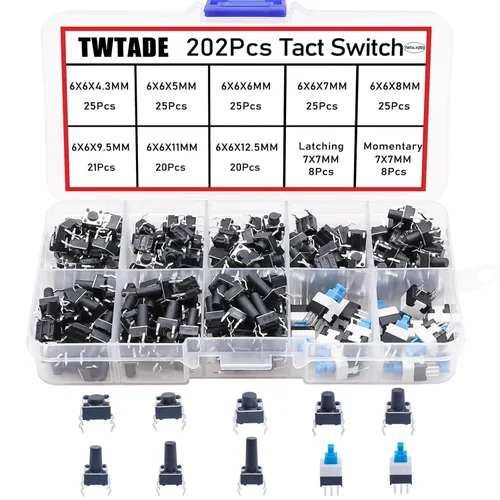 Miniatura 6 de TWTADE Juego surtido de 202 interruptores de botón táctil micro momentáneo, 10 valores, 4 pines, interruptores táctiles de 0.236 x 0.236 in y 0.276