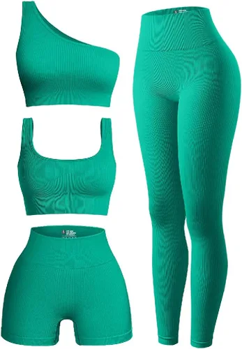 OQQ Conjunto deportivo de 4 piezas para mujer acanalado con cuello redondo con un hombro pantalones cortos de cintura alta leggings