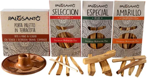 PALOSANTO Paquete de Palo Santo - 5 palos amarillos + 5 palos de selección + 3 palos especiales + soporte de Palo Santo - Graveolens Bursera de