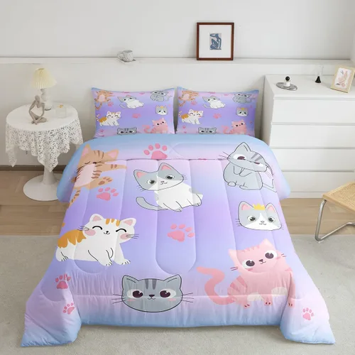 Miniatura 60 de Erosebridal Juego de ropa de cama para niños, tamaño individual, diseño de gatos de dibujos animados, para niñas, niños y adolescentes, edredón