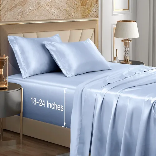 Miniatura 14 de VACVELT Juego de 4 sábanas de satén con bolsillo extra profundo - Juego de ropa de cama tamaño completo, juego de sábanas de satén azul bebé