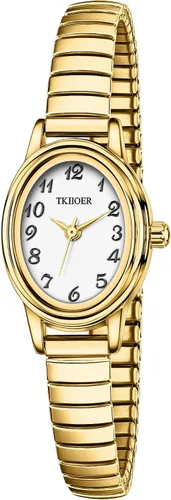 Miniatura 13 de Relojes pequeños de oro para mujer, reloj analógico de esfera fácil de leer, caja ovalada, banda de expansión de acero inoxidable, reloj impermeable