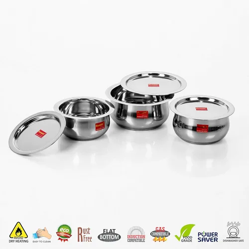 Miniatura 2 de Sumeet Juego de 3 recipientes de acero inoxidable con forma de vientre, apto para inducción y estufa de gas, juego de utensilios de cocina