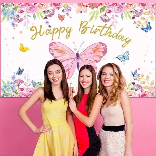 Miniatura 7 de Tatuo Telón de fondo de mariposa de feliz cumpleaños de 6 x 4 pies, decoración de fiesta de cumpleaños de mariposa rosa para niñas y mujeres