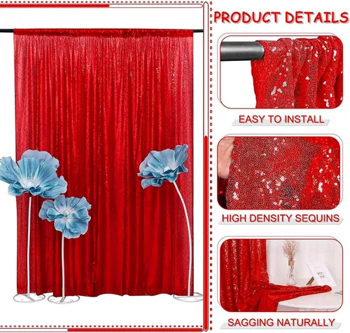 Miniatura 5 de Cortina tipo telón de fondo de lentejuelas rojas de 4 x 8 pies, 2 paneles de cortinas de fondo brillantes con purpurina para decoración de Rojo