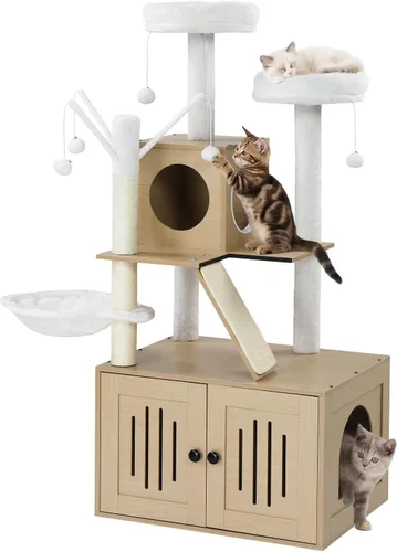 Miniatura 10 de VINGLI Cat Tree Tower with Litter Box, 54" H All-in-1 Wooden Cats Condo, Cat Tower wih Scratching Posts, Houses for Indoor Kittens Hidden Cat