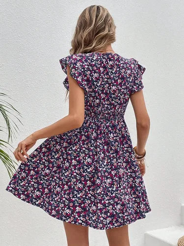Miniatura 2 de Milumia Minivestido acampanado con cuello en V fruncido y mangas casquillo para mujer