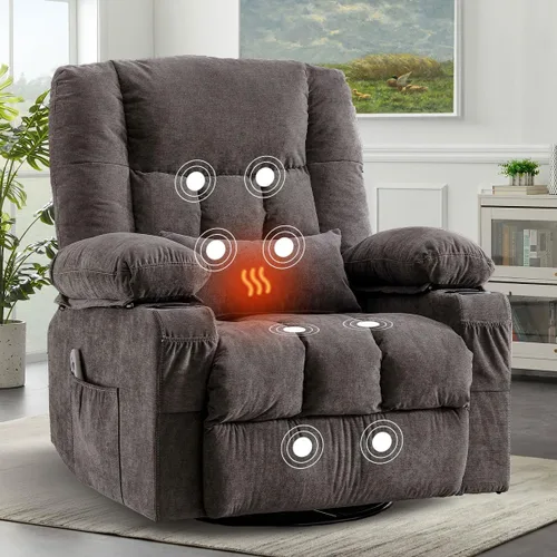 BOSMILLER Silla reclinable de gran tamaño para adultos con masaje por vibración y calefacción lumbar, mecedora giratoria con soporte para tazas y
