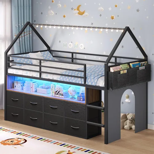 Miniatura 10 de BTHFST Cama tipo loft tamaño twin para niños, 8 cajones de almacenamiento y luces LED, cama de metal en forma de casa con estantería, escalera