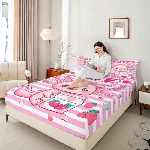 Miniatura 2 de Lindo Axolotl - Sábana bajera ajustable para niños, tamaño individual, juego de ropa de cama de animales marinos de dibujos animados, decoración