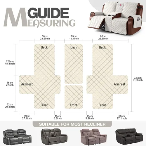 Miniatura 7 de KinCam Funda 100% Impermeable para Loveseat Reclinable con Consola, Fundas Antideslizantes para Sofá Reclinable de 2 Asientos, Funda para Sofá