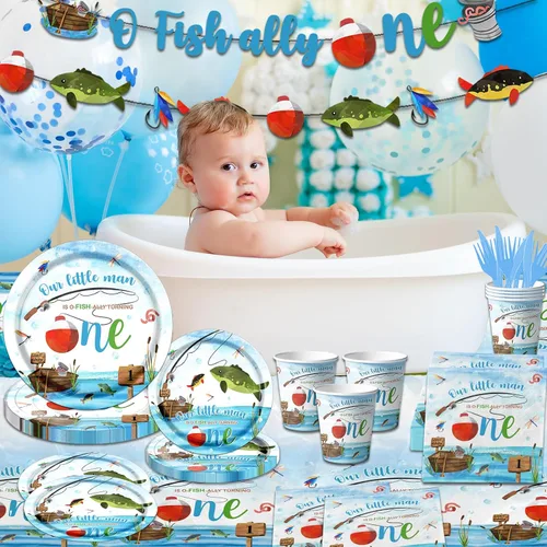 Miniatura 5 de Decoraciones de Cumpleaños Ofishally One, Suministros de Fiesta de Primer Cumpleaños Gone Fishing 142Pcs Nuestro Pequeño Hombre Está Ofishally