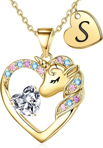 Regalos de unicornios para niñas y niños, collar de corazón, collares de unicornio para niñas, collares con iniciales, joyería de unicornio, joyería