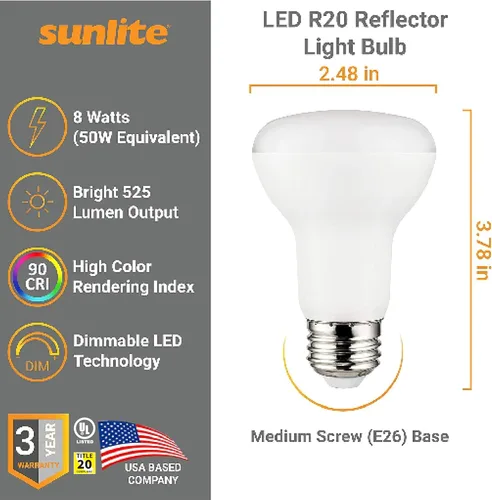 Miniatura 2 de Sunlite Foco empotrable LED 90 CRI R20, 8 vatios (50 W = ), 525 lúmenes, regulable, base media (E26), ángulo de haz ancho de 110°, certificación UL