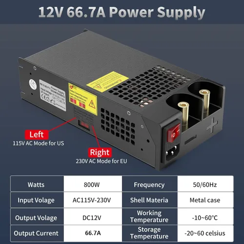 Miniatura 5 de Conversor AC a DC 800W 66.7A, fuente de alimentación de 12V, conversor adaptador transformador de 110V AC a 12V DC para RV, radio/estéreos de coche