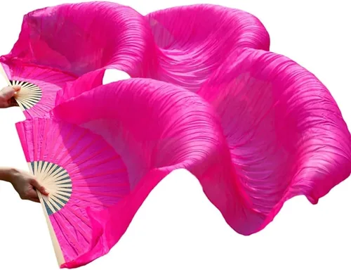 Miniatura 12 de 1 par (izquierdo + derecho) de abanicos de seda artificial de bambú para danza del vientre, abanicos de tela coloridos para danza, abanicos largos
