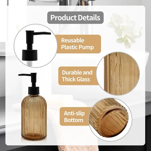 Miniatura 3 de Dispensador de jabón de vidrio ámbar de 14 onzas con bomba negra, recargable para jabón de manos, jabón de platos, loción, adecuado para cocina