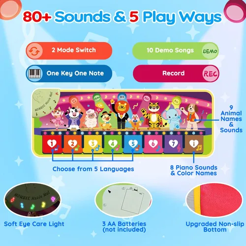 Miniatura 2 de MOMUSE - Alfombrilla de piano musical en 5 idiomas (EN/DE/FR/IT/ES) para niños y niñas de 3 a 4 años, juguete educativo multilingüe con 9 animales