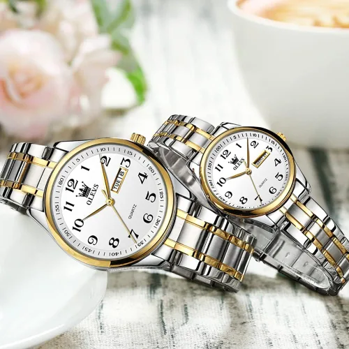 Miniatura 42 de OLEVS Juego de 2 relojes de cuarzo para parejas de San Valentín, calendario luminoso, ventana de fecha, 3 ATM, impermeable, casual, acero