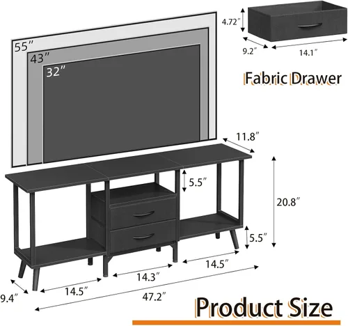 Miniatura 7 de GYIIYUO Soporte de TV pequeño con cajones de tela/luz LED para TV de 55 pulgadas, centro de entretenimiento con estantes abiertos de almacenamiento