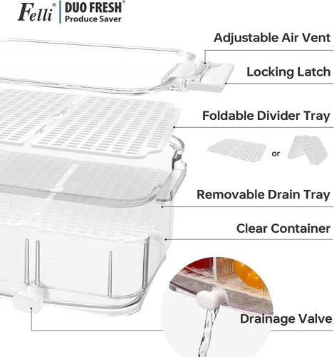 Miniatura 3 de Felli Duo Fresh Produce Saver para Nevera, Recipiente para Frutas y Vegetales con Ventilación y Drenaje en la Parte Inferior para Lavado, Colador