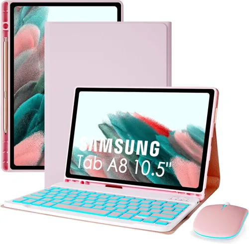 Miniatura 10 de LAMA Funda con teclado retroiluminado de 7 colores con mouse para Samsung Galaxy Tab A8 de 10.5 pulgadas, funda de teclado inalámbrico con soporte