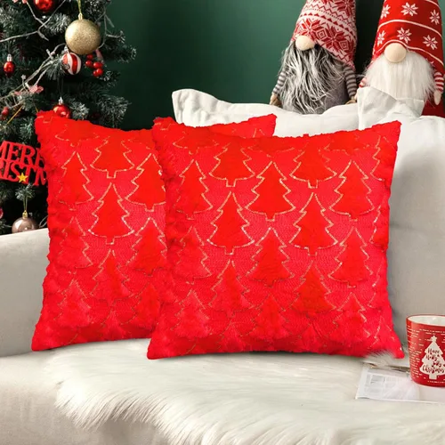 Miniatura 8 de Juego de 2 fundas de almohada de Navidad de 18 x 18 pulgadas, fundas de almohada beige con patrón de árbol de Navidad, fundas de cojín de piel