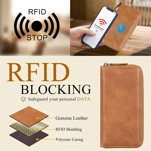 Miniatura 48 de VISOUL Cartera larga de cuero con cremallera para hombres y mujeres con bloqueo RFID, cartera larga de embrague grande con cremallera, Negro
