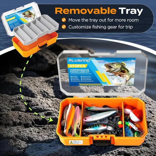 Miniatura 3 de PLUSINNO Caja de aparejos de pesca con aparejos incluidos, kit de señuelos de pesca de 373 piezas con bandeja extraíble, equipo de pesca con Caja