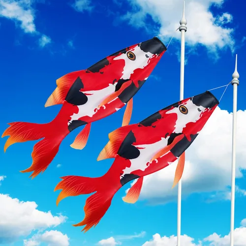 Boao Calcetín de viento realista de pez rojo, pez Koi rojo, decoración para exteriores, bandera de viento, decoración colgante para pared, árbol,