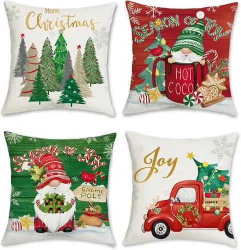Bonhause Juego de 4 fundas de almohada de gnomos de Navidad de 18 x 18 pulgadas, diseño de árbol de Navidad, camión rojo, para sofá, hogar,